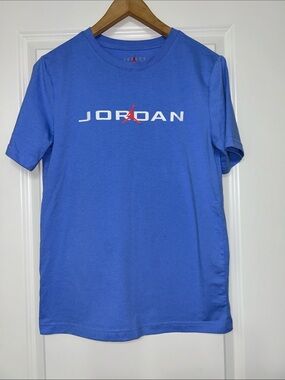 Youth Jordan Short Sleeve Logo Tee in Blue with Red Jumpman